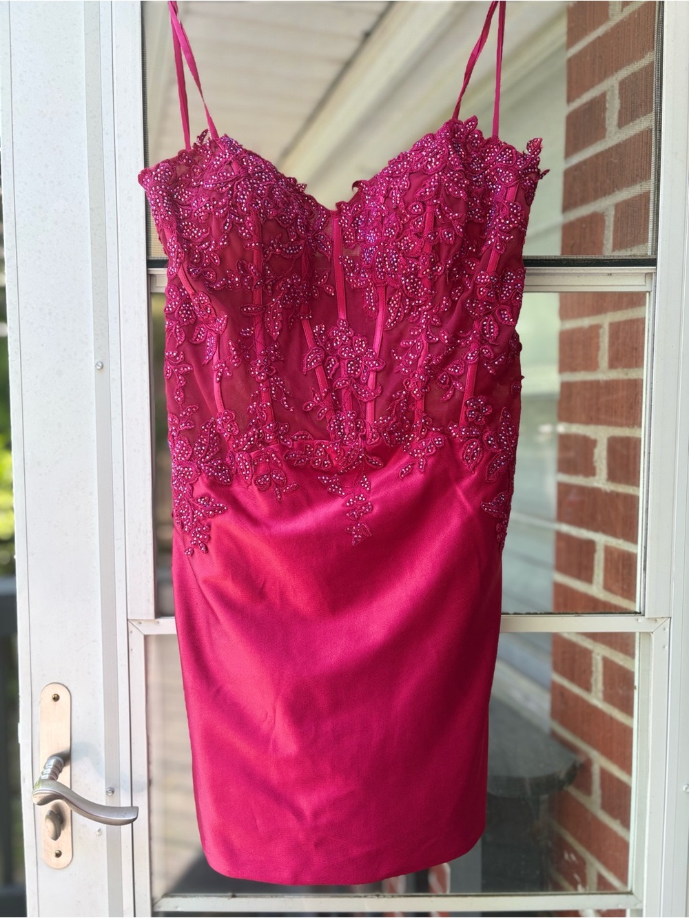 La Femme Fuchsia Beaded Mini Dress